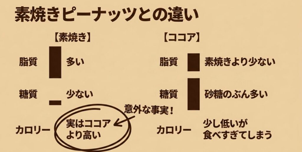 ココアピーナッツと素焼きピーナッツの脂質・糖質・カロリーの違いを比較したスライド