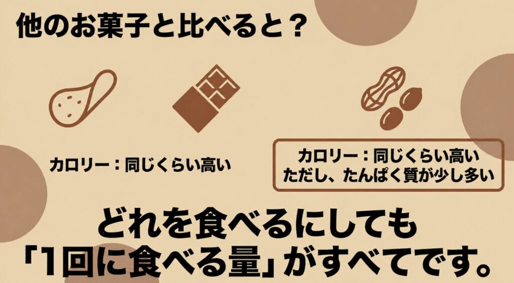 ココアピーナッツをポテトチップスやチョコレートと比較しカロリーとたんぱく質の特徴を示すスライド
