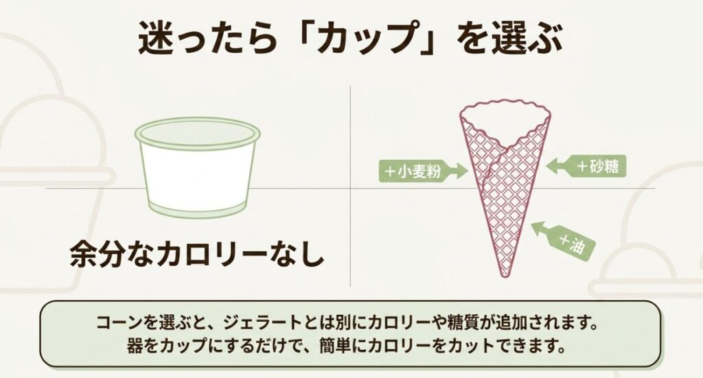 カップは余分なカロリーが加わらず、コーンは小麦粉・砂糖・油によるカロリーや糖質が追加されることを比較した図