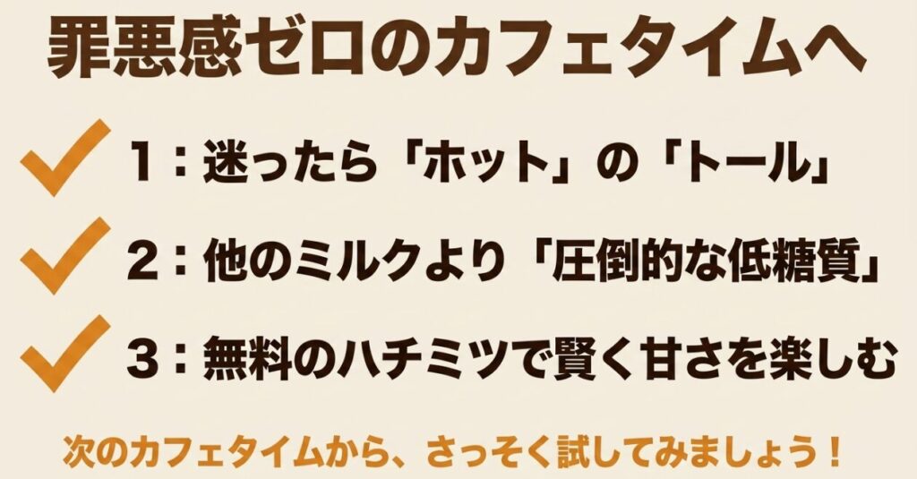 アーモンドミルクラテ:罪悪感ゼロのカフェタイムへ。迷ったらホットのトールを選ぶ、圧倒的な低糖質、無料のハチミツで賢く甘さを楽しむという3つのポイントのまとめ画像