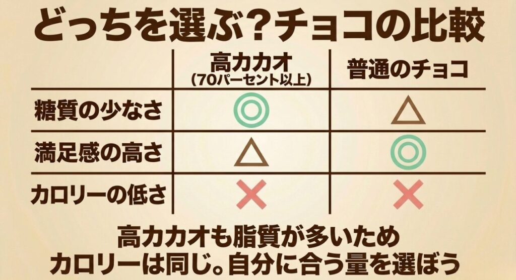 高カカオと普通のアーモンドチョコを糖質、満足感、カロリーの観点から比較した表
