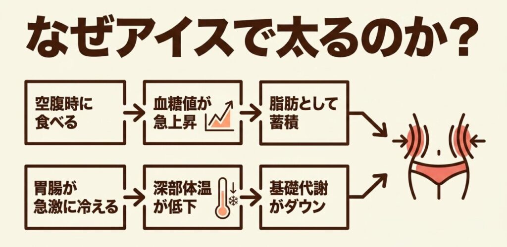 空腹時の血糖値上昇による脂肪蓄積と、胃腸の冷えによる代謝低下の流れを示す図