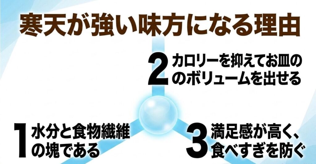 寒天は水分と食物繊維が多く、低カロリーでボリュームを出しやすいため満足感を得やすいと示した図