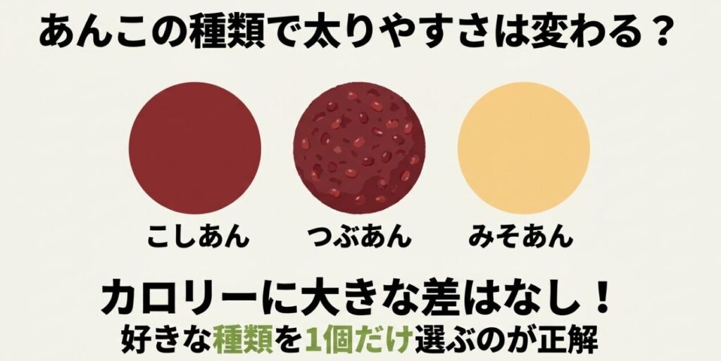 こしあん、つぶあん、みそあんはカロリーに大きな差がなく、好きな種類を1個選ぶ考え方を示す図