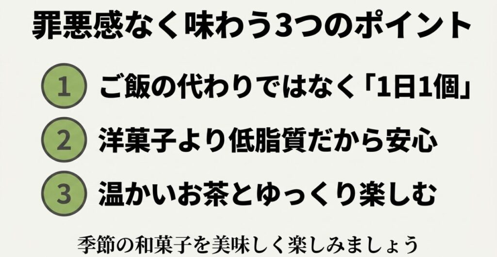 柏餅をご飯の代わりにせず1日1個にし、低脂質な特徴を生かして温かいお茶とゆっくり楽しむ3つのポイント