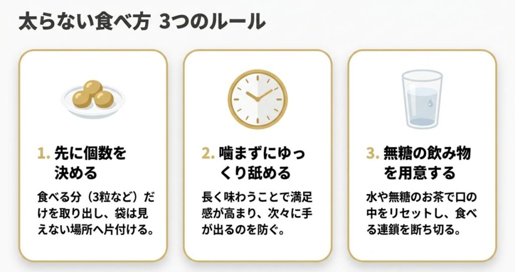 金のミルクを太りにくく食べるために、先に個数を決める、噛まずにゆっくり舐める、無糖の飲み物を用意する3つのルール
