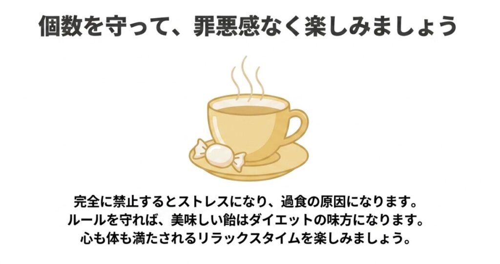 金のミルクは完全に禁止せず、食べる個数を守って罪悪感なく適量を楽しむことが大切だと伝えるまとめ図