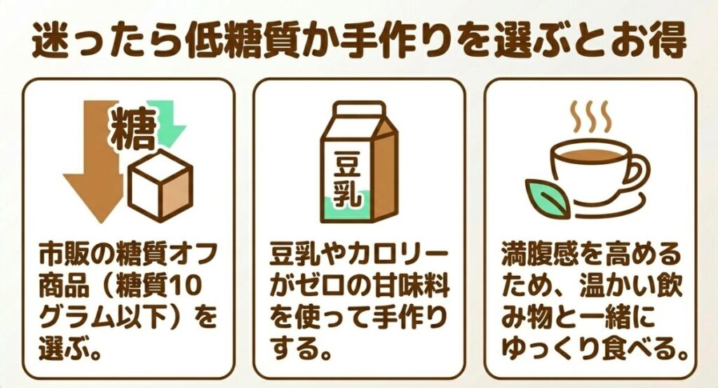 プリン：迷ったら低糖質か手作りを選ぶとお得。市販の糖質オフ商品を選ぶ、豆乳やカロリーゼロの甘味料で手作りする、満腹感を高めるため温かい飲み物と一緒にゆっくり食べる。