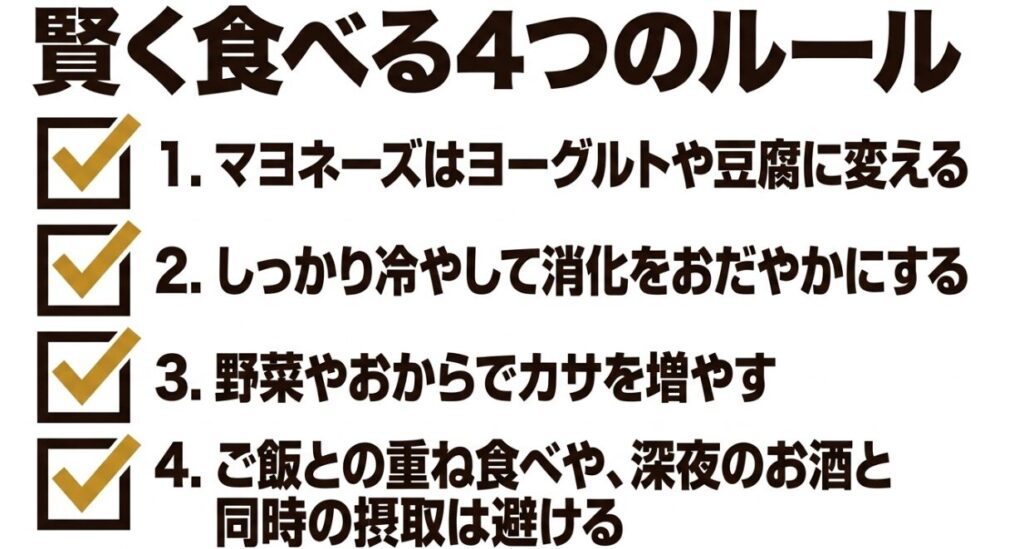 マヨネーズの置き換え、冷却、かさ増し、炭水化物の重ね食べを避けるという4つのルール