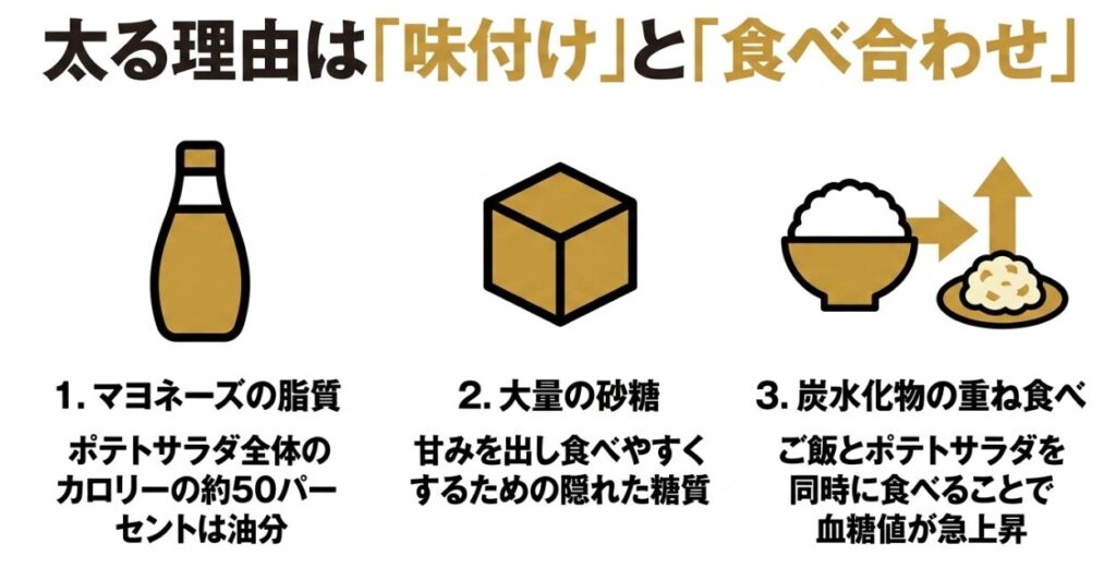 ポテトサラダが太りやすくなる原因としてマヨネーズ、砂糖、炭水化物の重ね食べを示した図