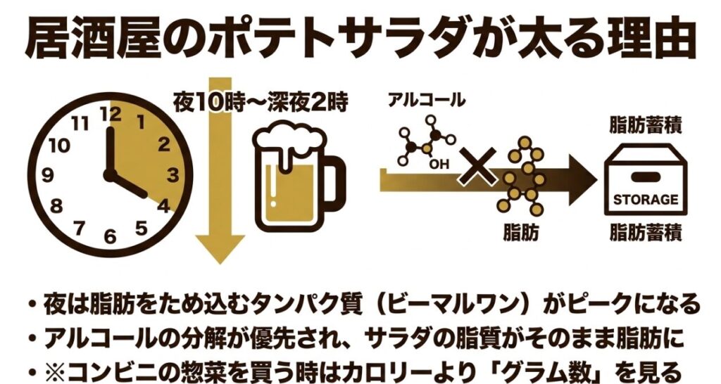 夜10時から深夜2時の食事とアルコールにより、ポテトサラダの脂質が蓄積されやすくなる仕組みを示した図