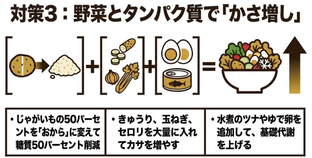 じゃがいもの一部をおからに置き換え、野菜やツナ、卵を加えてポテトサラダをかさ増しする方法