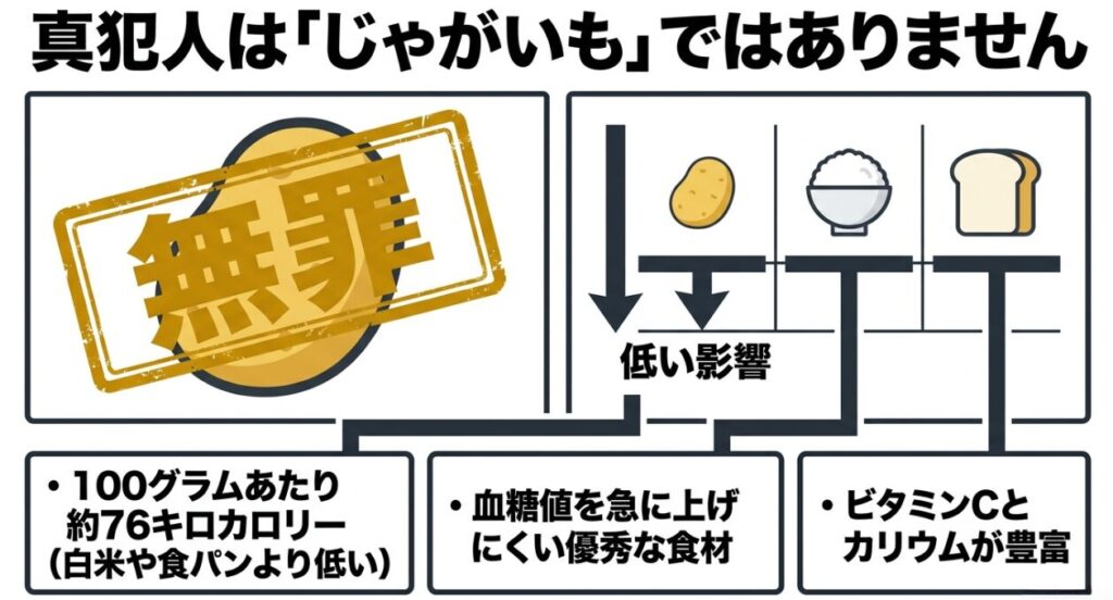 じゃがいもは100グラム約76キロカロリーで、ビタミンCやカリウムを含むことを示した図