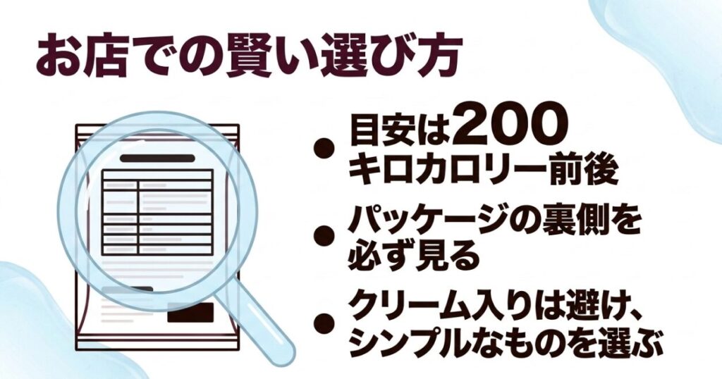 市販あんみつは200キロカロリー前後を目安に栄養成分表示を確認し、クリームのないシンプルな商品を選ぶと示した図
