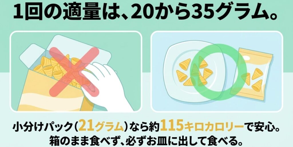 とんがりコーンの1回の適量は20～35gで、小分け21gは約115kcal、皿に取り分けて食べる方法を示した図