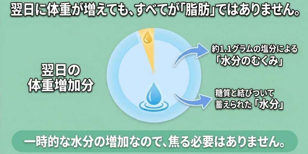 とんがりコーンを食べた翌日の体重増加には、塩分や糖質に伴う一時的な水分増加が含まれることを示した図