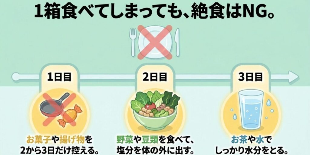とんがりコーンを1箱食べた翌日は絶食せず、お菓子や揚げ物を控えながら食事と水分を2～3日かけて整える方法を示した図