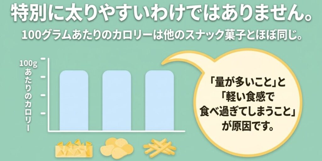 とんがりコーンは100gあたりでは他のスナック菓子と大差がなく、量の多さと軽い食感が食べ過ぎにつながることを示した図