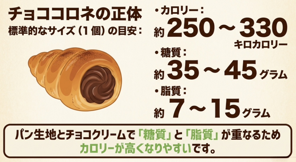 標準サイズのチョココロネ1個は約250～330kcal、糖質35～45g、脂質7～15gが目安
