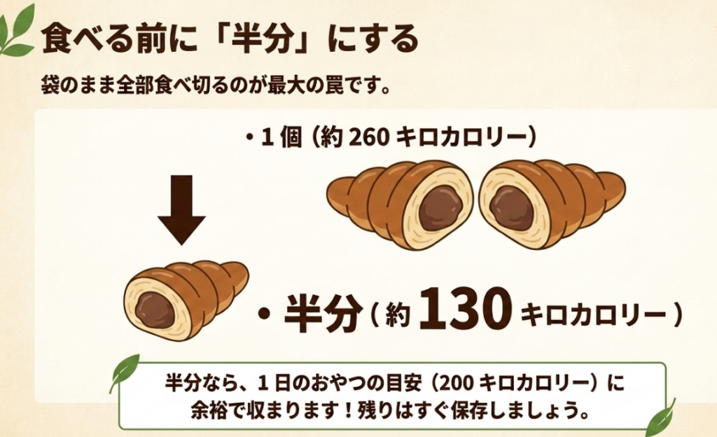 約260kcalのチョココロネを半分に分け、約130kcalに調整する食べ方