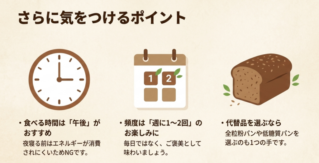 午後に食べる、週1～2回の楽しみにする、全粒粉パンや低糖質パンも選ぶという3つのポイント