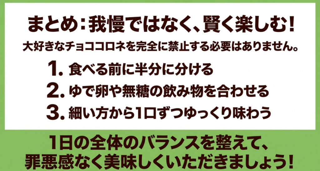 チョココロネを半分に分け、ゆで卵や無糖飲料を合わせ、細い方からゆっくり食べる3つのルール