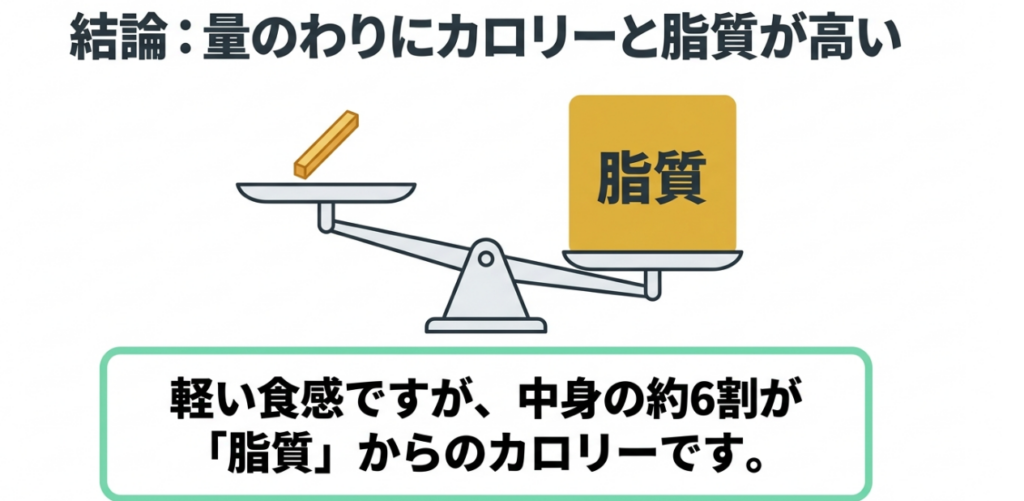 天秤の図とともにジャガビーの総カロリーの約6割が脂質由来であることを示したスライド