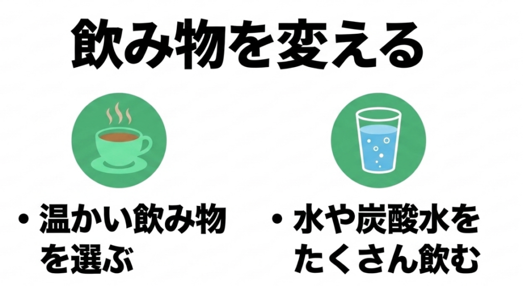 ジャガビーには温かい無糖の飲み物や水、無糖の炭酸水を合わせる方法を示したイラスト