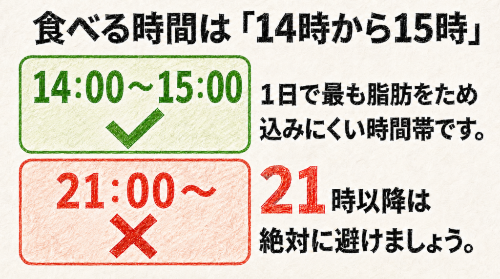 ジャガビーは14時から15時頃に取り入れ、21時以降の間食を避ける目安を時計で示した図