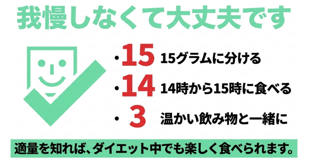ジャガビーを15gに分け、14時から15時頃に温かい飲み物と一緒に食べる3つの工夫