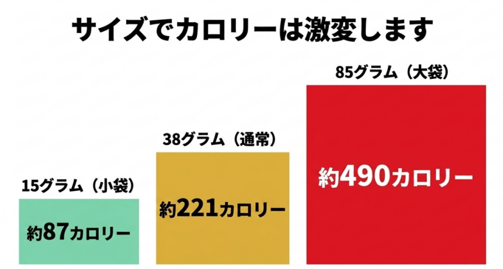 ジャガビー15g小袋は約87kcal、38g通常袋は約221kcal、85g大袋は約490kcalと比較した棒グラフ