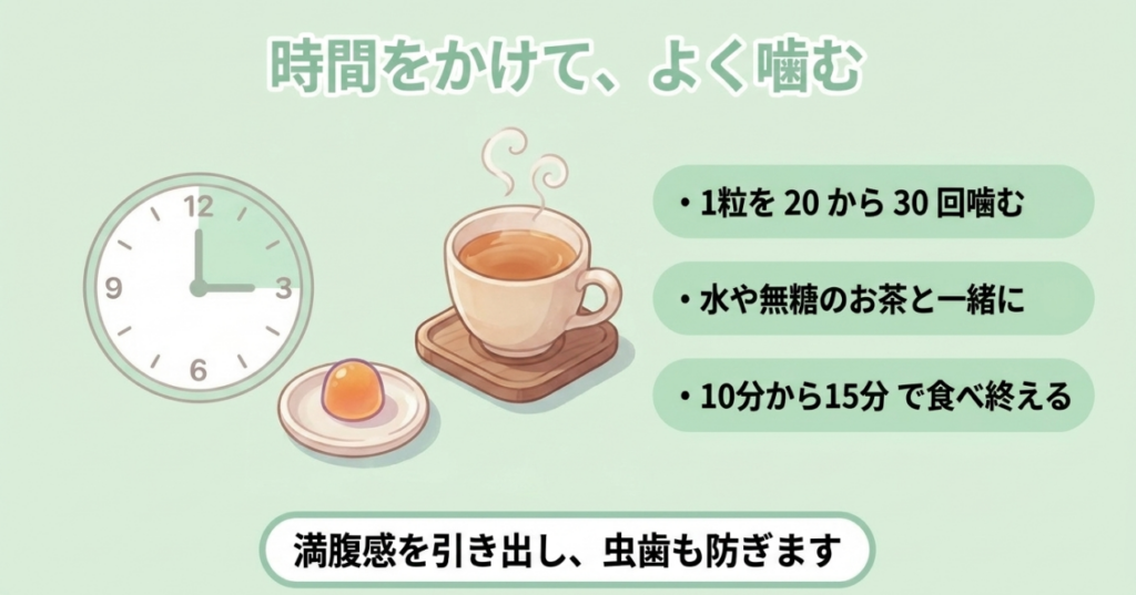 果汁グミを1粒20回から30回噛み、水か無糖のお茶と一緒に10分から15分で食べ終える方法を示す図