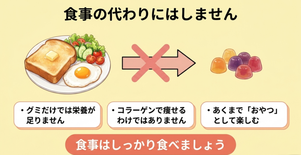 果汁グミだけでは栄養が不足し、コラーゲンで痩せるわけではないため、食事の代わりにしないよう説明する図