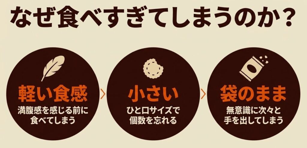 軽い食感、一口サイズ、袋のまま食べることが、さくさくぱんだの食べ過ぎにつながると示した図