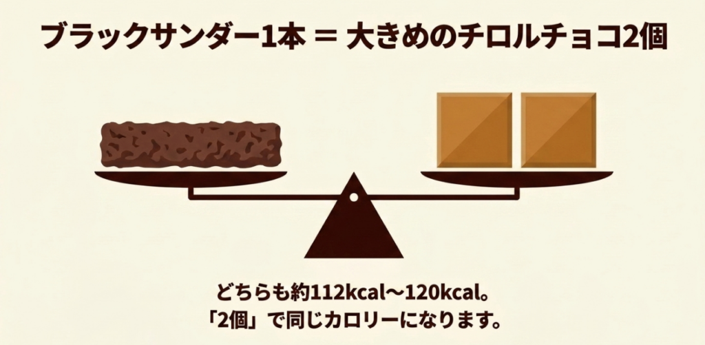 ブラックサンダー1本約112kcalと大きめのチロルチョコ2個約120kcalを比較した図