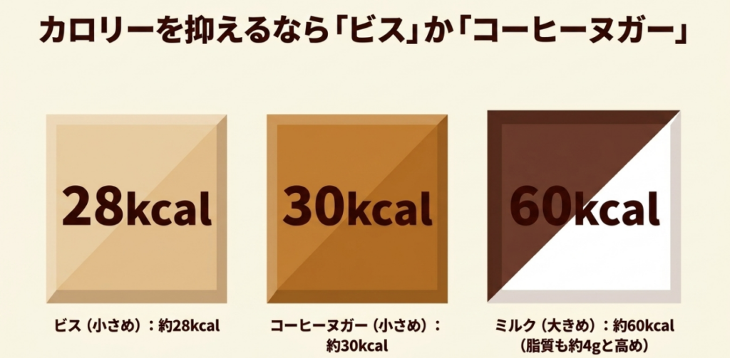 小さめのビス約28kcal、コーヒーヌガー約30kcal、大きめのミルク約60kcalを比較した図