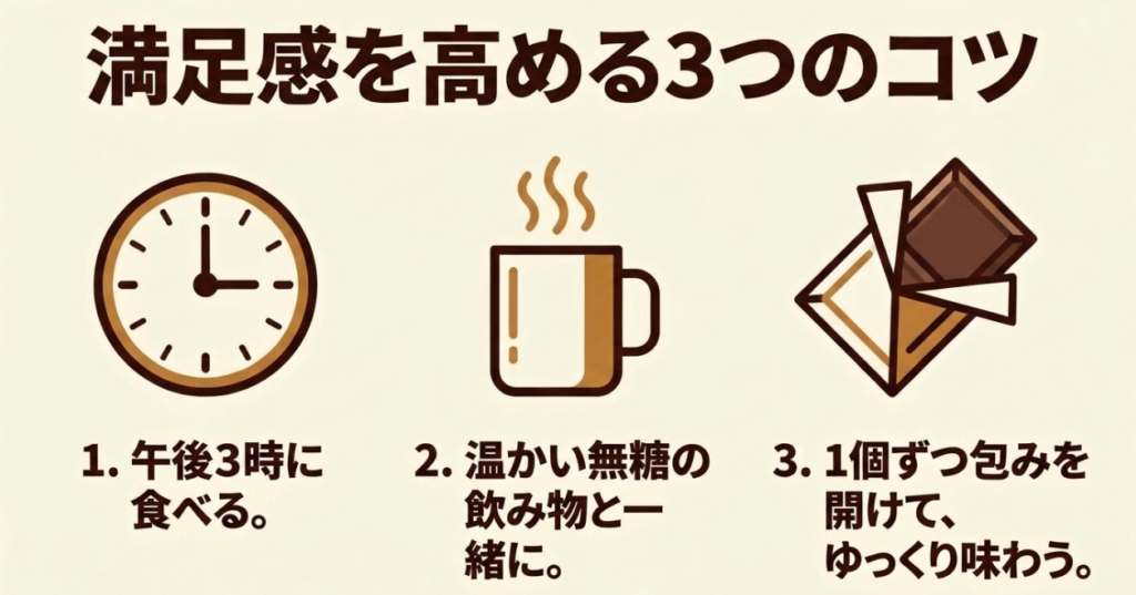 午後3時に食べる、温かい無糖飲料と合わせる、1個ずつ包みを開けてゆっくり味わうという3つのコツ