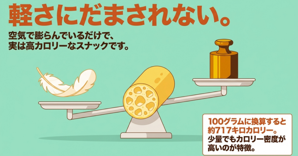 うまい棒は空気を含んで軽く見えるものの、100グラム換算では約717キロカロリーになることを表した図