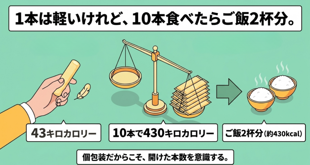 うまい棒1本は43キロカロリー、10本では430キロカロリーとなり、ご飯約2杯分に相当することを示した比較図