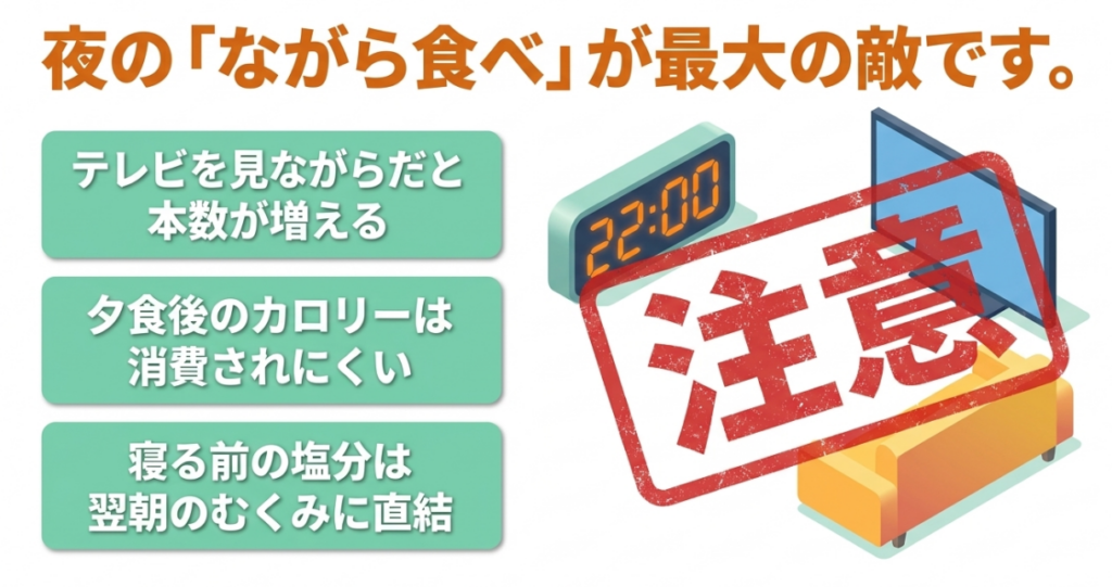 夜にうまい棒をながら食べすると本数が増え、夕食後のカロリーや就寝前の塩分が体重管理へ影響することを示した図