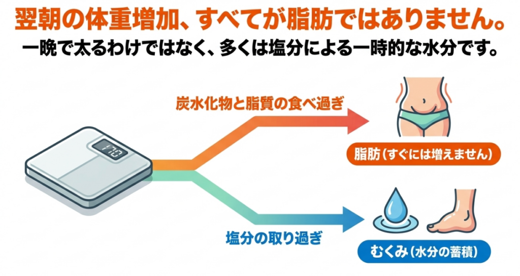 うまい棒を食べた翌朝の体重増加には、脂肪だけでなく塩分による水分の蓄積やむくみも関係することを示した図