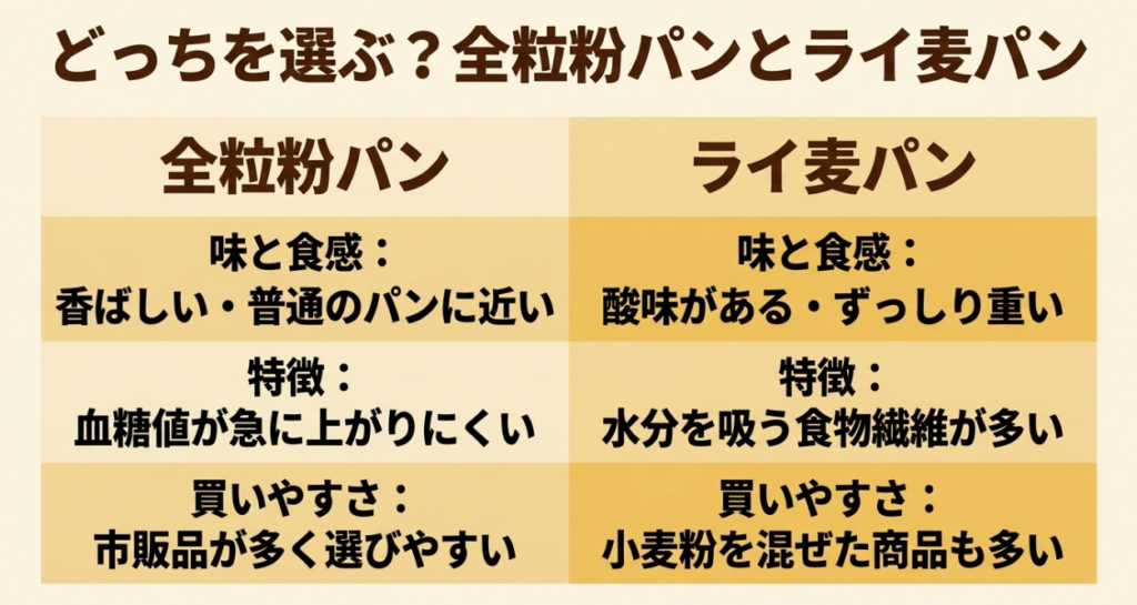 全粒粉パンとライ麦パンについて、味や食感、食物繊維の特徴、市販品の選びやすさを比較した表