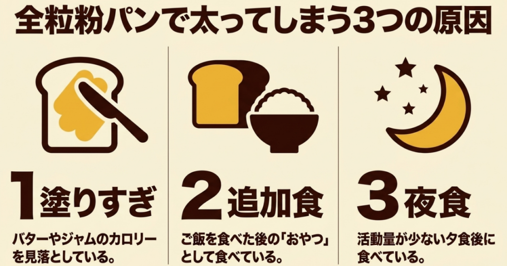 全粒粉パンで太る主な原因として、トッピングの塗りすぎ、食後の追加食、活動量が少ない夜の間食を示す図