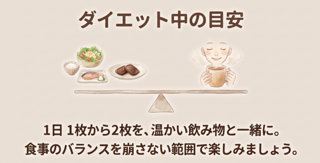 ダイエット中のアルフォートは1日1枚から2枚を目安に、温かい飲み物と一緒に食事のバランスを崩さず楽しむ方法
