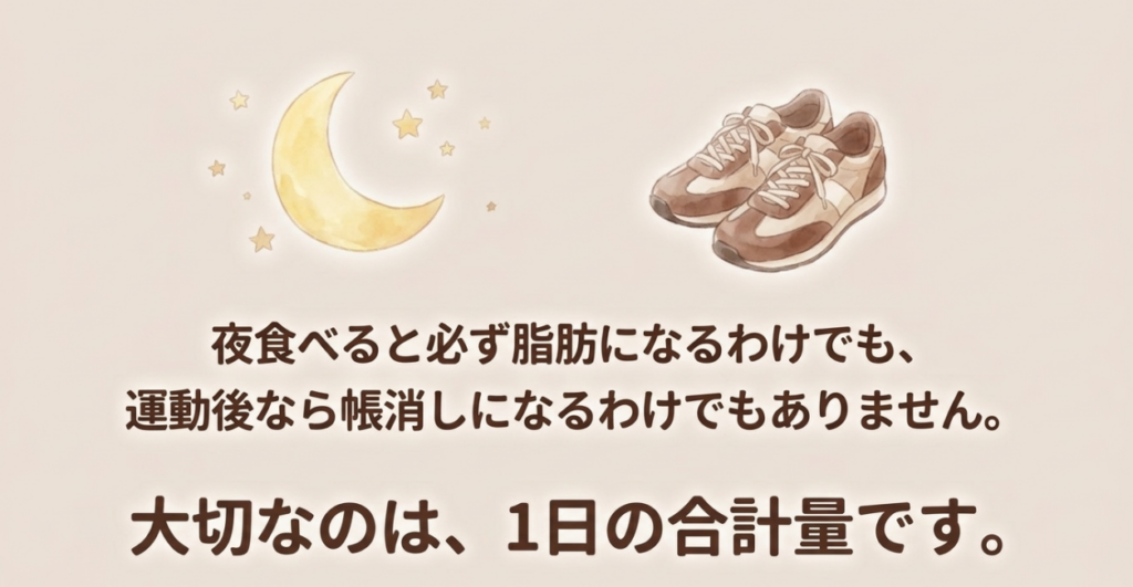夜に食べても必ず脂肪になるわけではなく、運動後でも帳消しにはならないため、1日の合計量が大切だと示したスライド