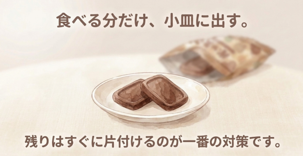 食べる分のアルフォートだけを小皿に出し、残りの袋はすぐに片付ける食べ過ぎ対策を示したスライド