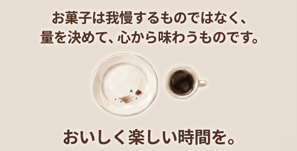 アルフォートなどのお菓子は我慢するのではなく、食べる量を決めて心から味わうことが大切だとまとめたスライド