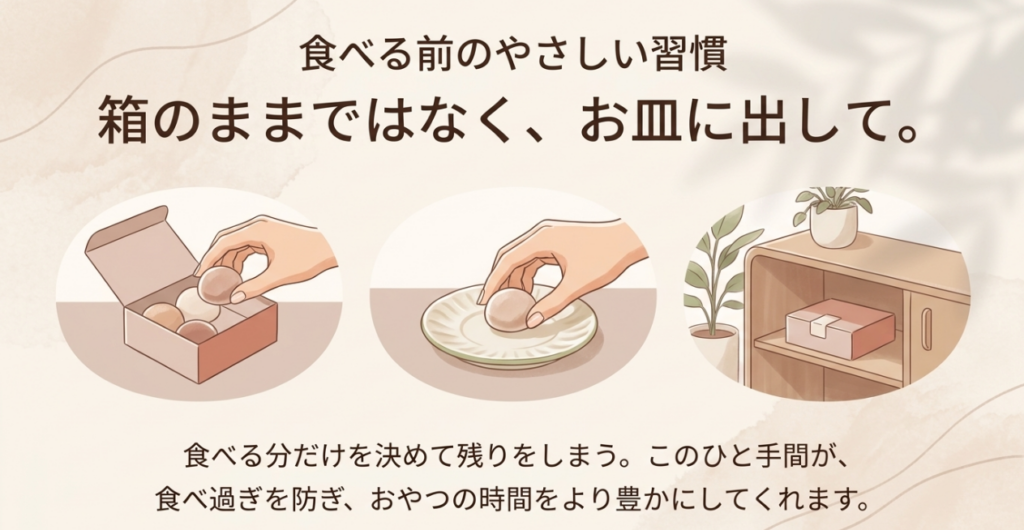 食べる個数を先に決め、箱から皿に取り分けて残りをしまう手順を描いたスライド