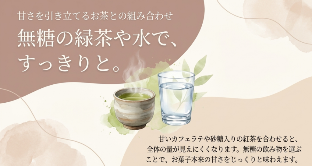 エンゼルパイと一緒に飲むものとして、砂糖を加えない緑茶と水を描いたスライド