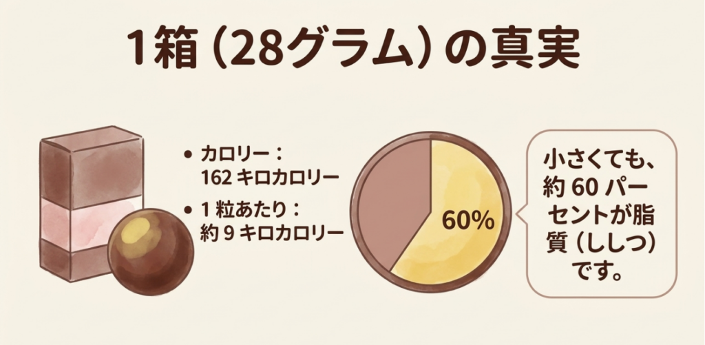 チョコボールのピーナッツは1箱28gで162kcal、1粒は約9kcalの計算例で、エネルギーの約6割が脂質由来と示す図